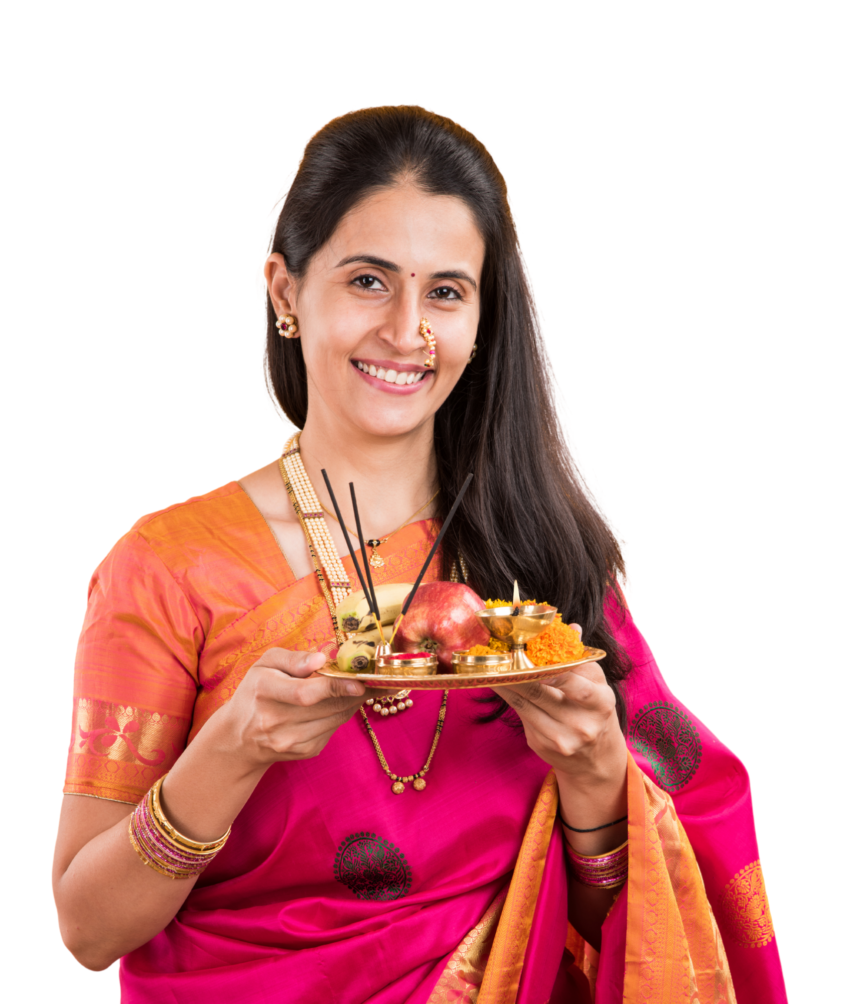 Woman with traditional pooja items